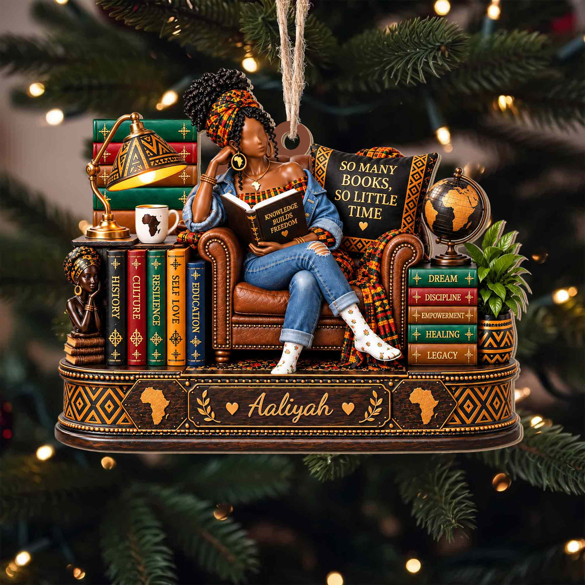 So Many Books So Little Time African American Woman Reading On Chair - Personalized Custom Wood Ornament, Custom Shaped - BLV148_WDO