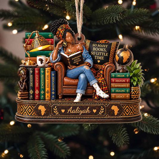 So Many Books So Little Time African American Woman Reading On Chair - Personalized Custom Wood Ornament, Custom Shaped - BLV148_WDO