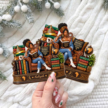 So Many Books So Little Time African American Woman Reading On Chair - Personalized Custom Wood Ornament, Custom Shaped - BLV148_WDO