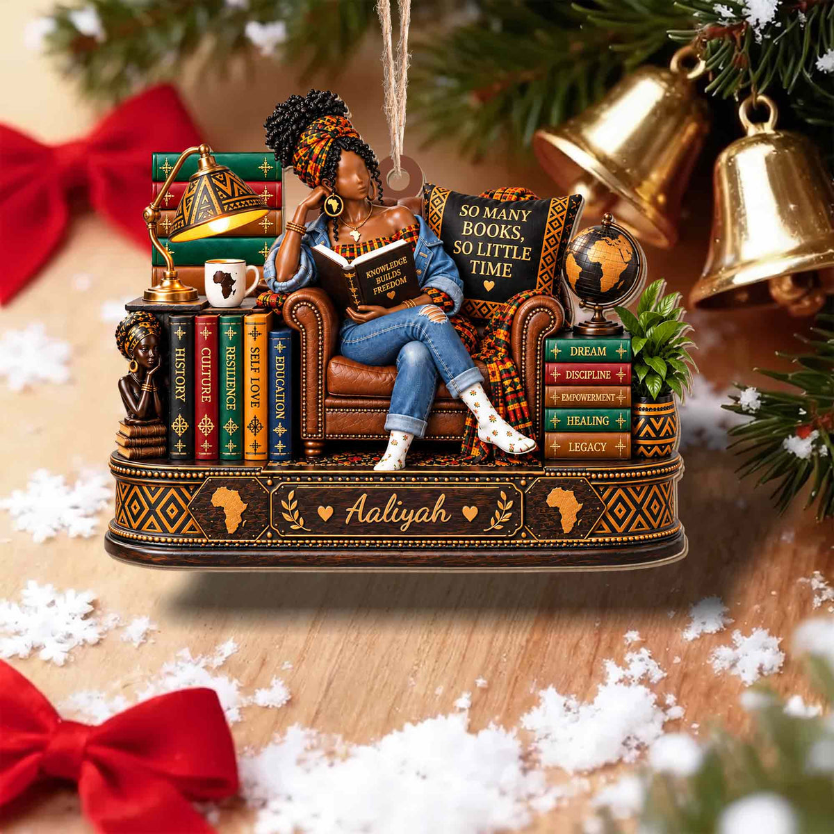 So Many Books So Little Time African American Woman Reading On Chair - Personalized Custom Wood Ornament, Custom Shaped - BLV148_WDO