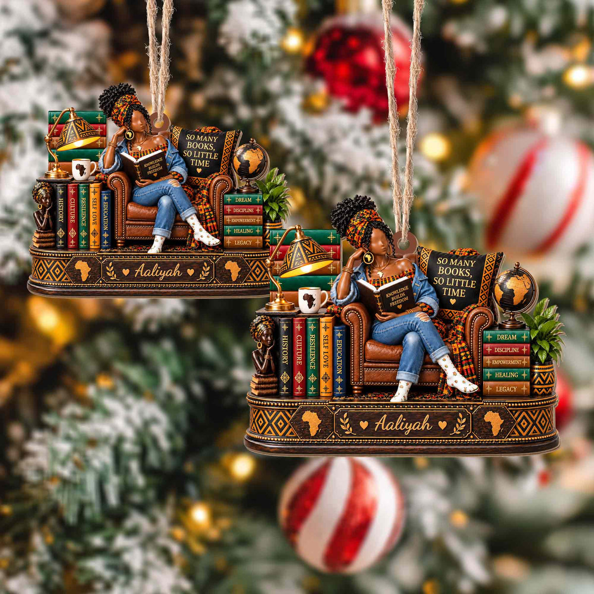So Many Books So Little Time African American Woman Reading On Chair - Personalized Custom Wood Ornament, Custom Shaped - BLV148_WDO