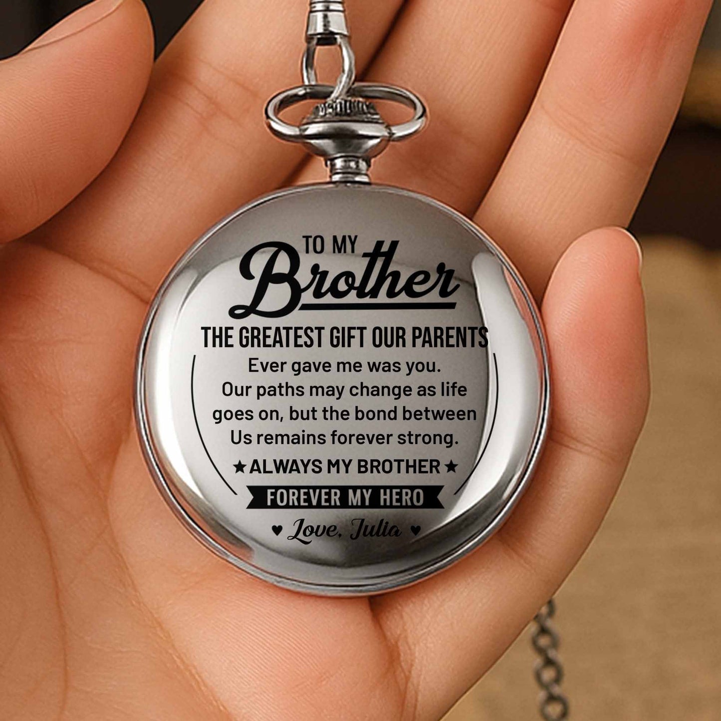 To My Brother The Greatest Gift Star And Banner Design - Personalized Silver Plated Pocket Watch - BRT040_SWATCH