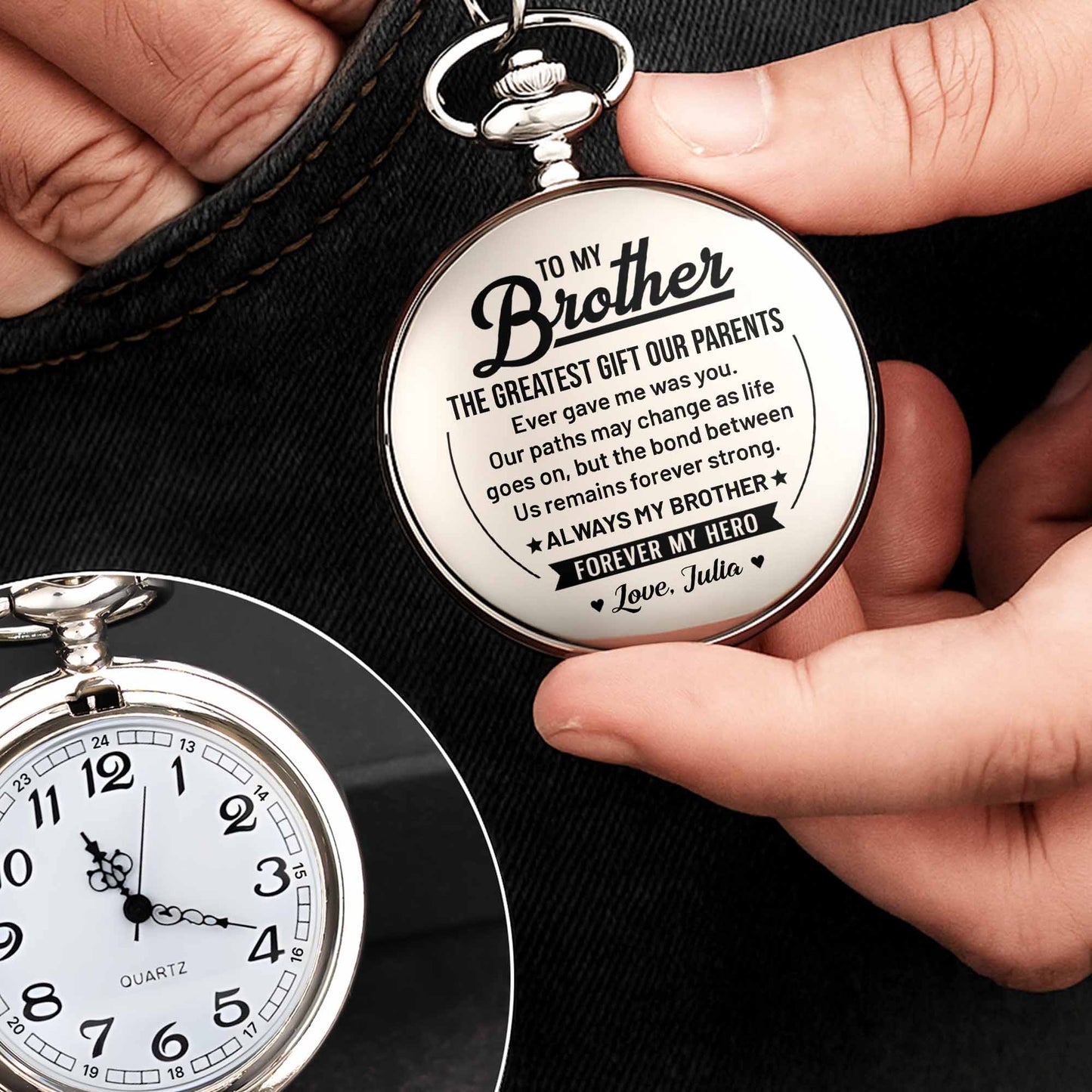 To My Brother The Greatest Gift Star And Banner Design - Personalized Silver Plated Pocket Watch - BRT040_SWATCH
