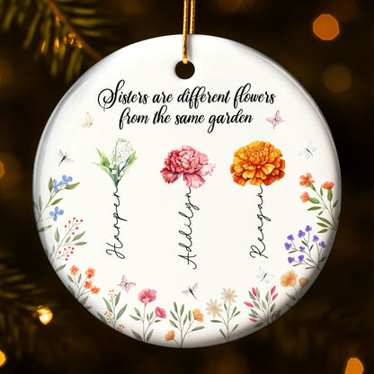 Les sœurs sont différentes. Fleurs du même jardin – Ornement en céramique personnalisé de forme ronde – BST043_RCE