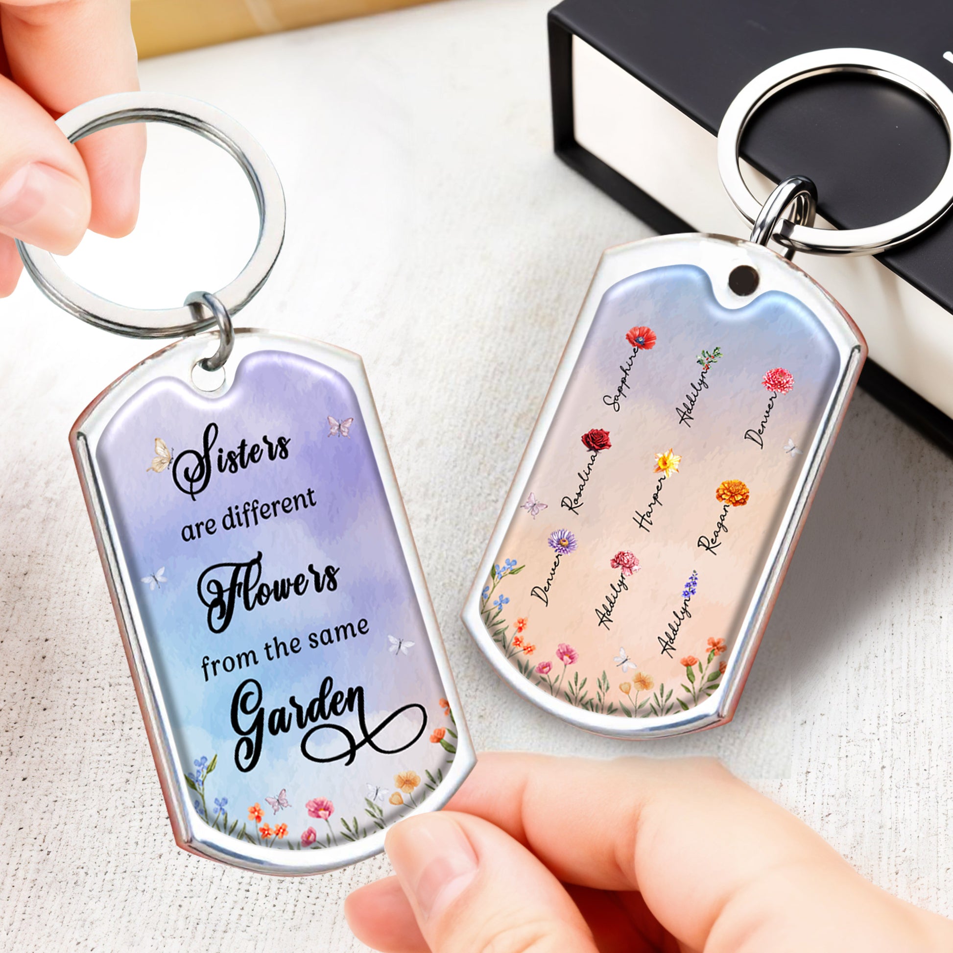 Sisters Different Flowers Same Garden Custom Keychain