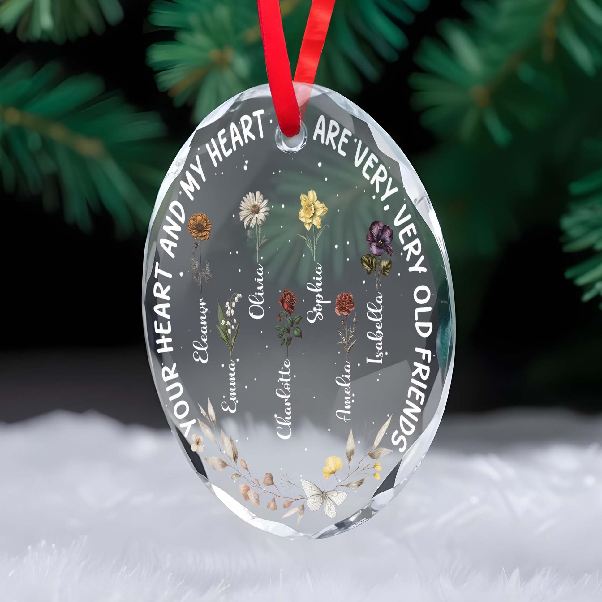 Heart And Heart Old Friends Glass Ornament With Floral Design