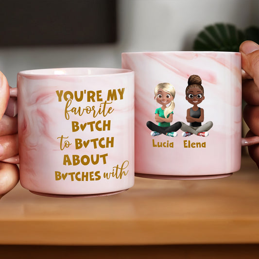 Favorite To Talk About Others With Cartoon Friends Design - Personalized Custom Pink Marble Mug - BST138_PMAM