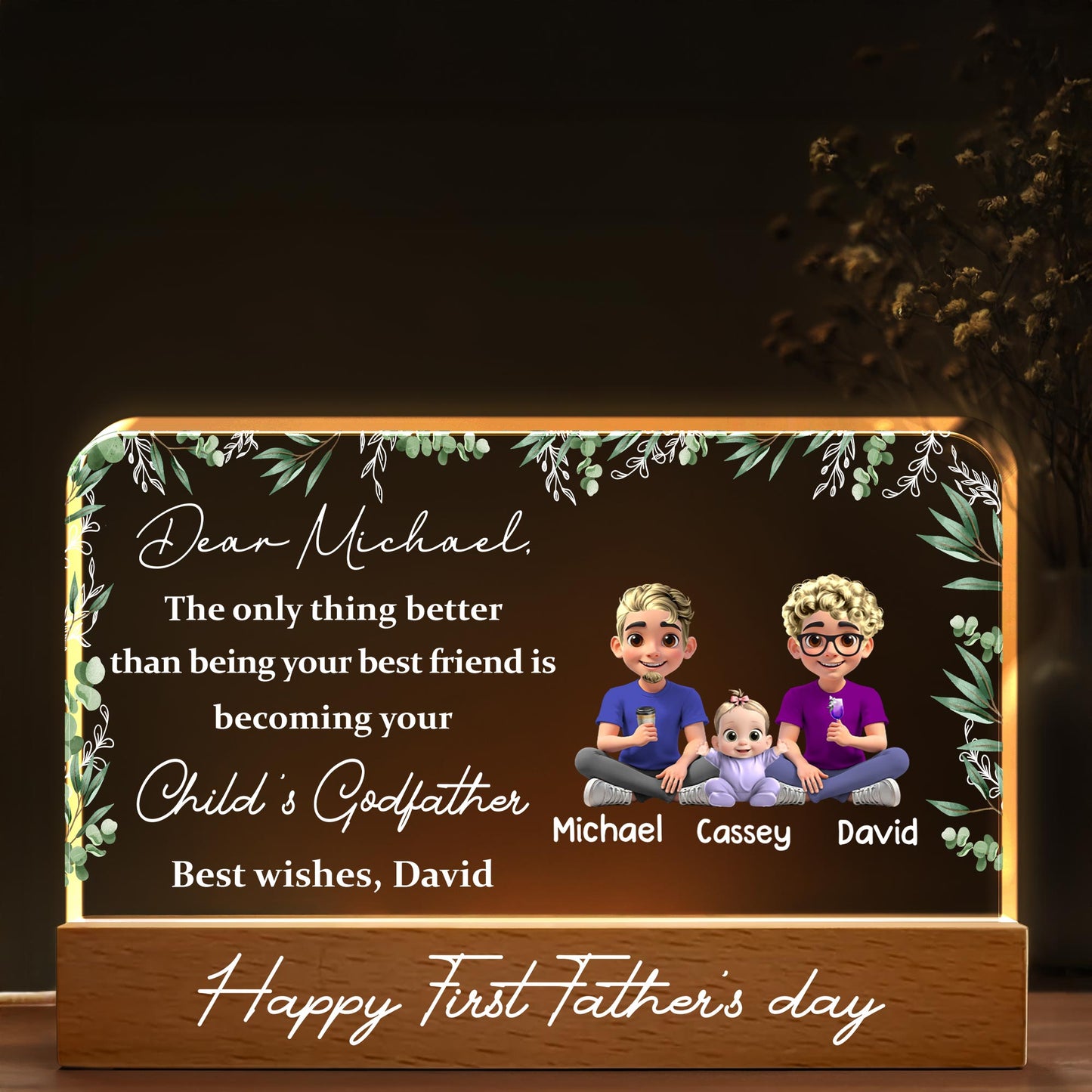 Dear Michael, The Only Thing Better Than Being Your Best Friend Is Becoming Your Child's Godfather, Family and Leaves - Personalized LED Night Light With Wooden Base - BST145_LEWO