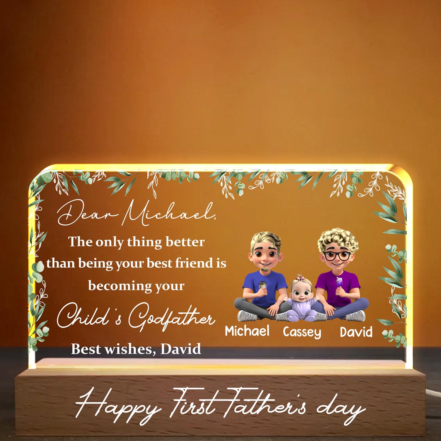 Dear Michael, The Only Thing Better Than Being Your Best Friend Is Becoming Your Child's Godfather, Family and Leaves - Personalized LED Night Light With Wooden Base - BST145_LEWO