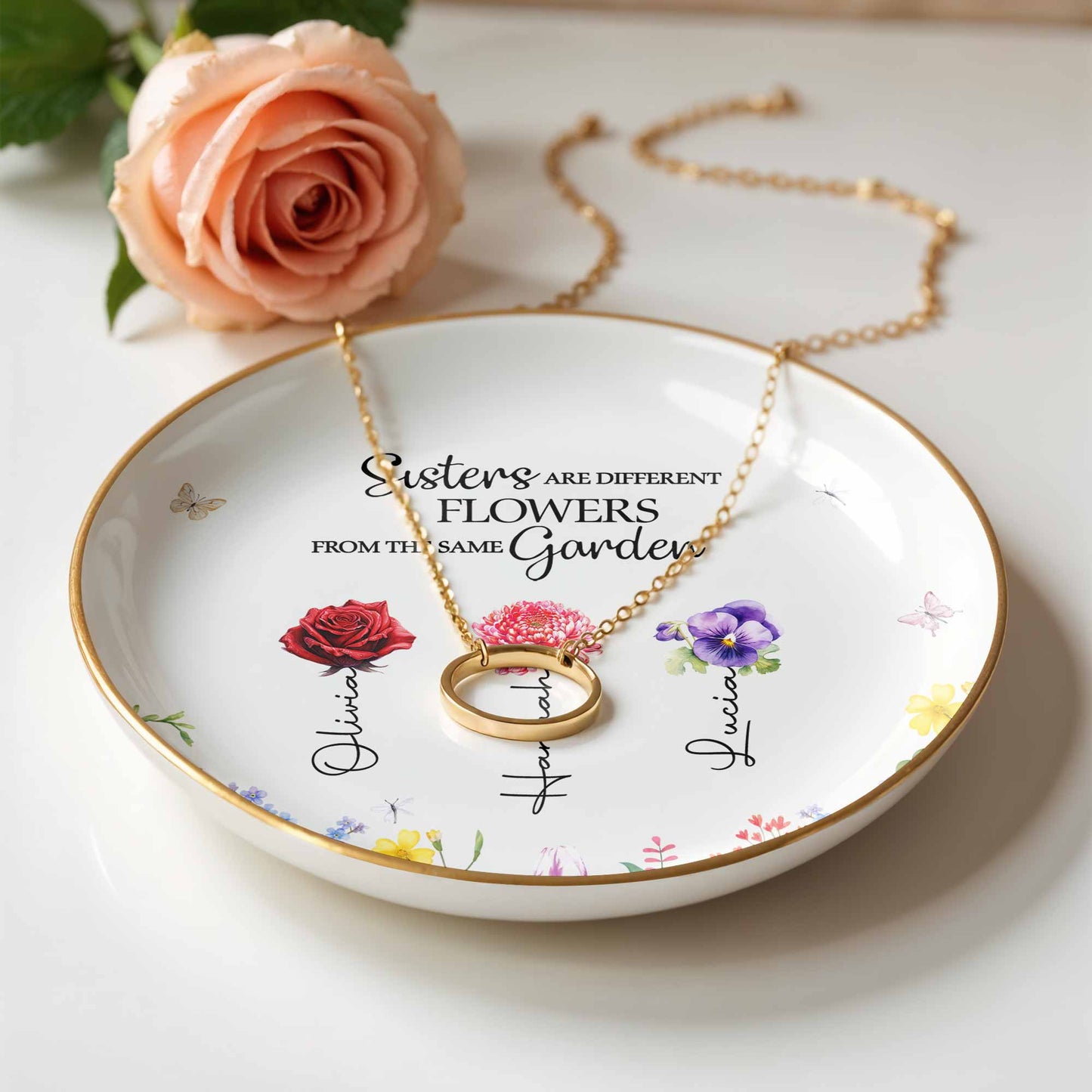 Sisters Are Different Flowers From The Same Garden - Personalized Custom Jewelry Dish, Ceramic Dish, Round Shape - BST182_RCRF