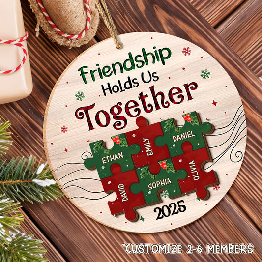 Friendship Hold Us Together With Puzzle Pieces And Holly - Personalized Double Layer Wood Ornament - BST223_DWO