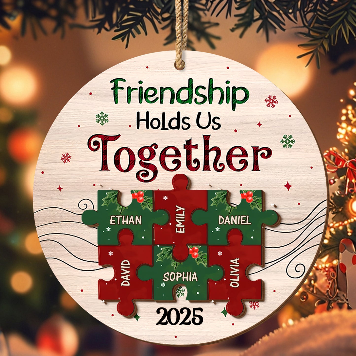 Friendship Hold Us Together With Puzzle Pieces And Holly - Personalized Double Layer Wood Ornament - BST223_DWO
