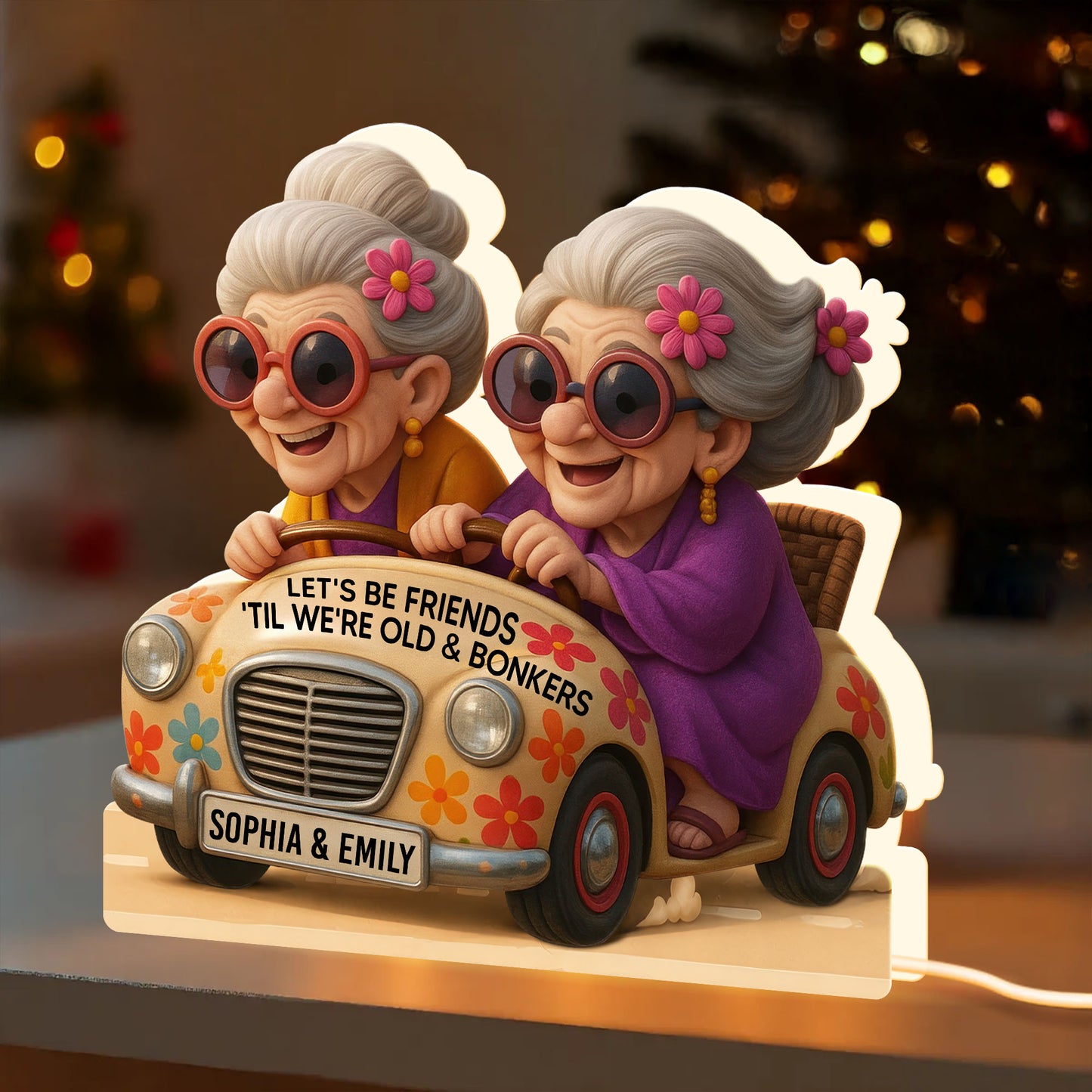 Let's Be Friends 'Til We're Old & Bonkers, Elderly Women In Vintage Car - Personalized Acrylic LED Light Box - BST238_ALIBO
