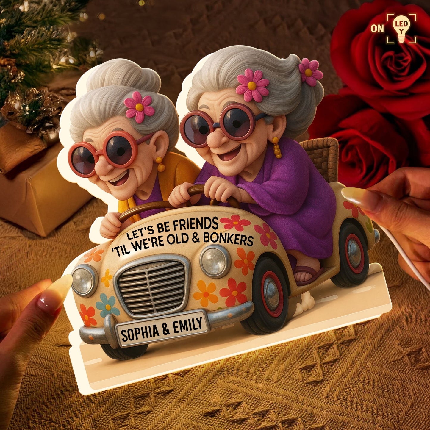 Let's Be Friends 'Til We're Old & Bonkers, Elderly Women In Vintage Car - Personalized Acrylic LED Light Box - BST238_ALIBO