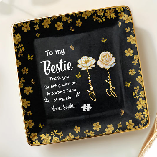 To My Bestie, Thank You With Flowers - Personalized Custom Jewelry Dish, Ceramic Dish, Square Shape - BST260_SCRF