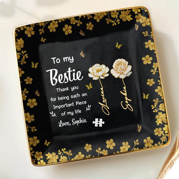 To My Bestie, Thank You With Flowers - Personalized Custom Jewelry Dish, Ceramic Dish, Square Shape - BST260_SCRF