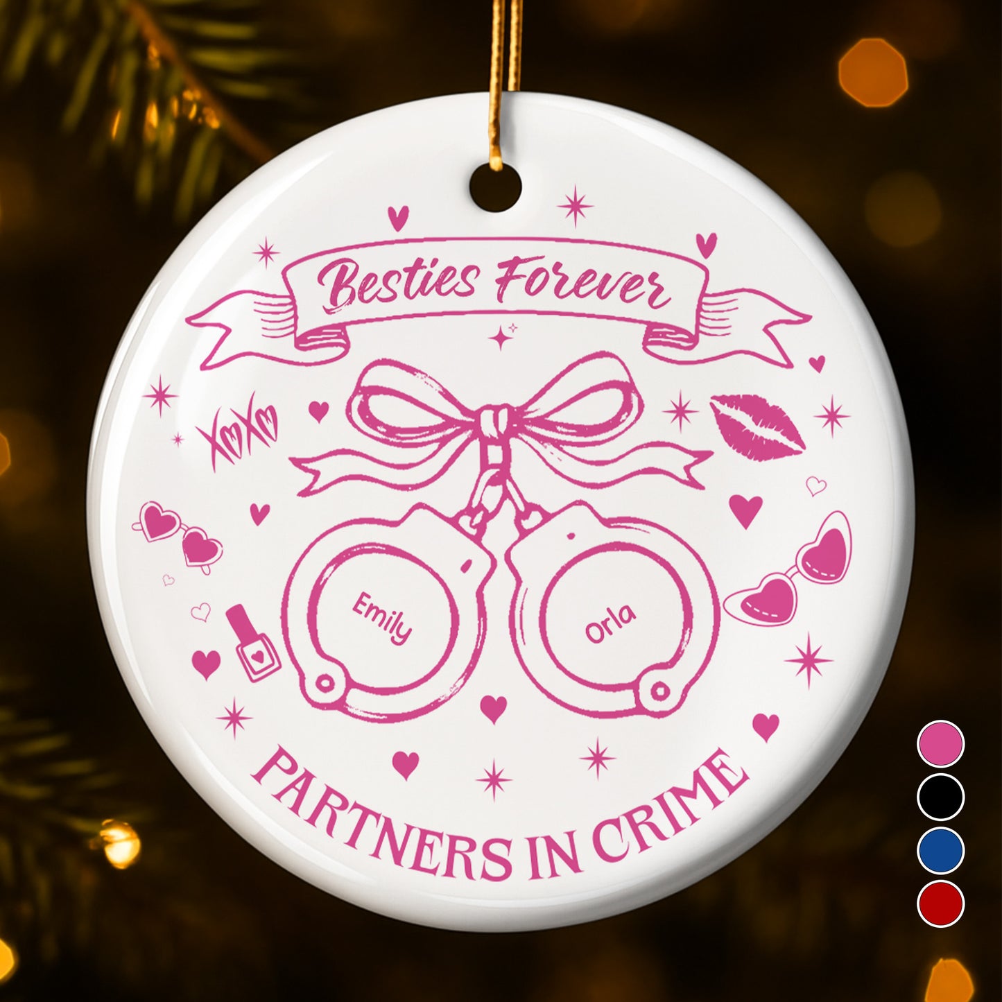 Partners In Crime With Handcuffs And Hearts - Personalized Custom Ceramic Ornament With Round Shape - BST282_RCE