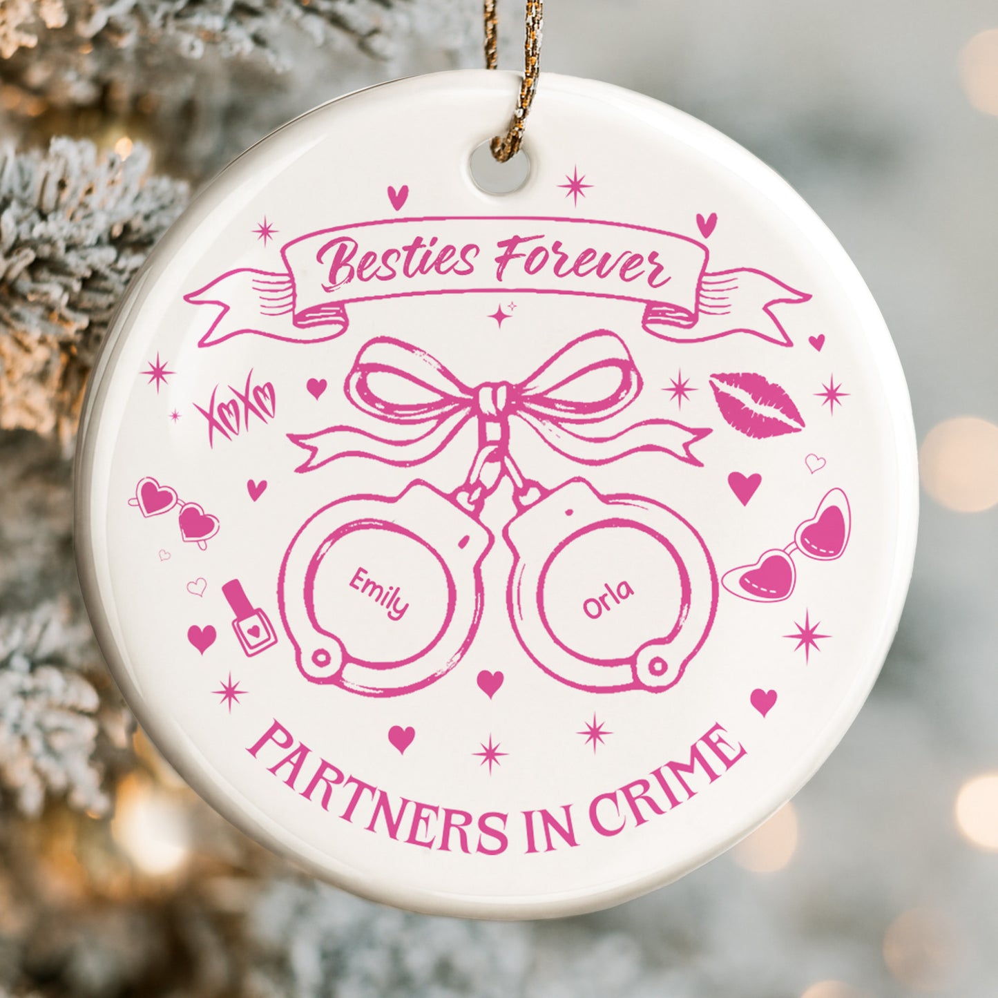 Partners In Crime With Handcuffs And Hearts - Personalized Custom Ceramic Ornament With Round Shape - BST282_RCE