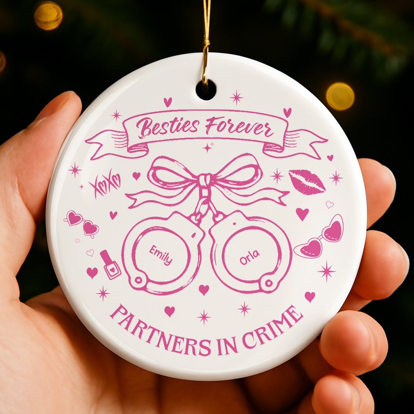 Partners In Crime With Handcuffs And Hearts - Personalized Custom Ceramic Ornament With Round Shape - BST282_RCE