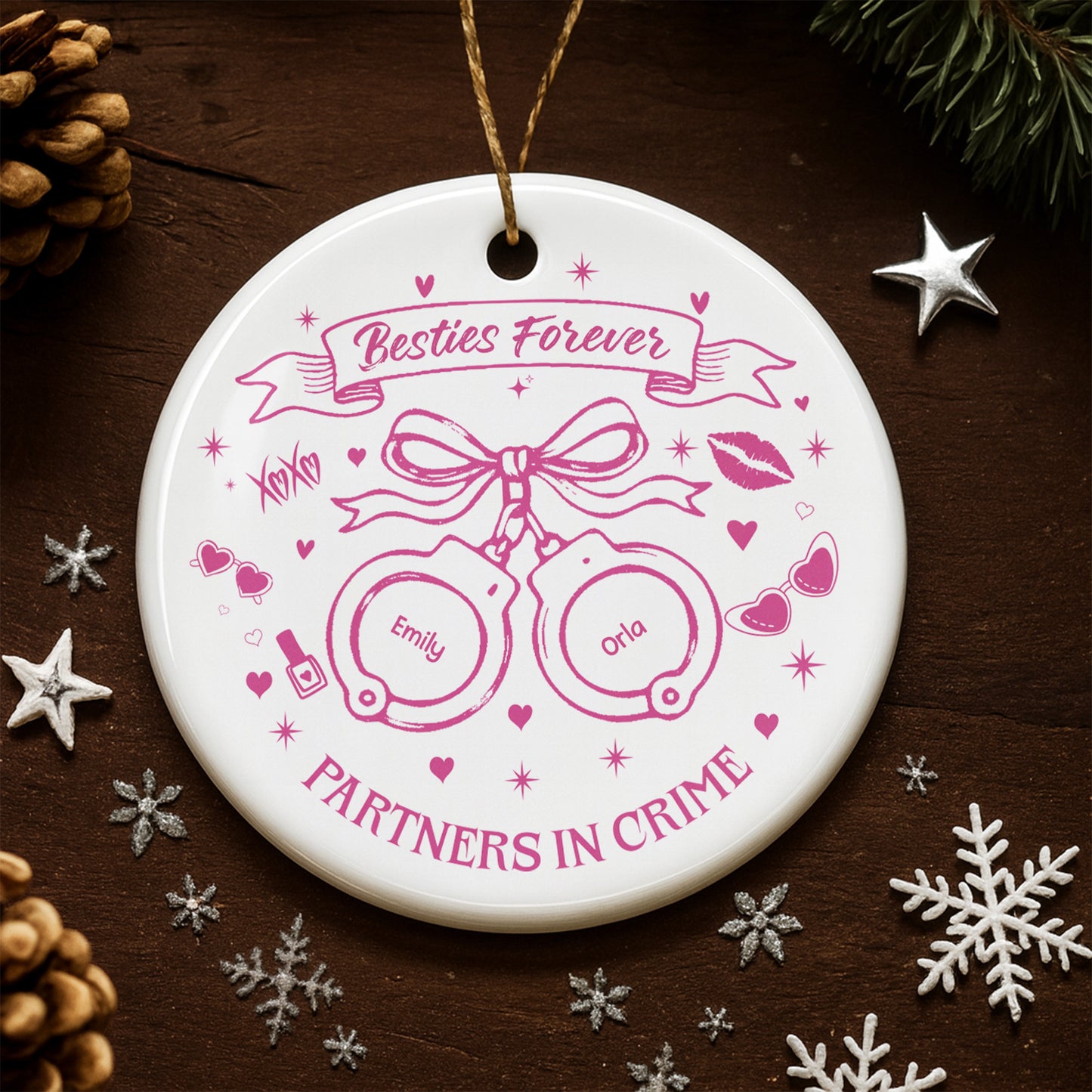 Partners In Crime With Handcuffs And Hearts - Personalized Custom Ceramic Ornament With Round Shape - BST282_RCE