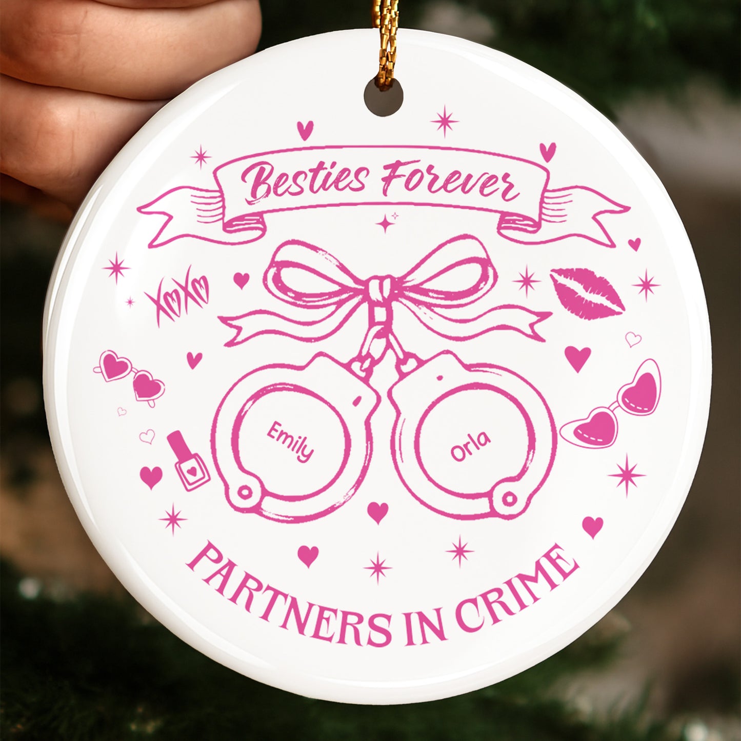 Partners In Crime With Handcuffs And Hearts - Personalized Custom Ceramic Ornament With Round Shape - BST282_RCE