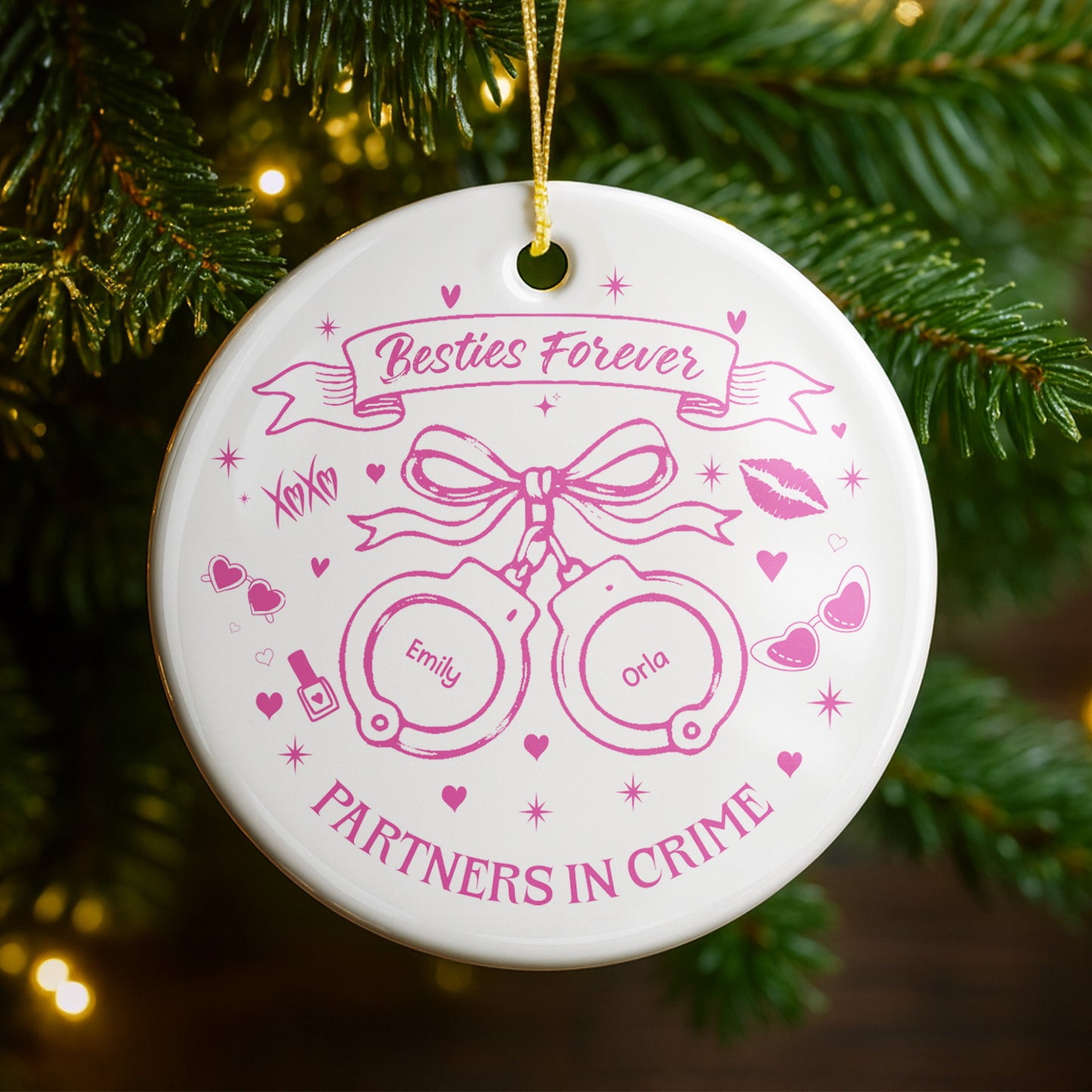 Partners In Crime With Handcuffs And Hearts - Personalized Custom Ceramic Ornament With Round Shape - BST282_RCE