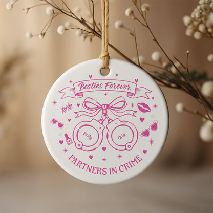 Partners In Crime With Handcuffs And Hearts - Personalized Custom Ceramic Ornament With Round Shape - BST282_RCE