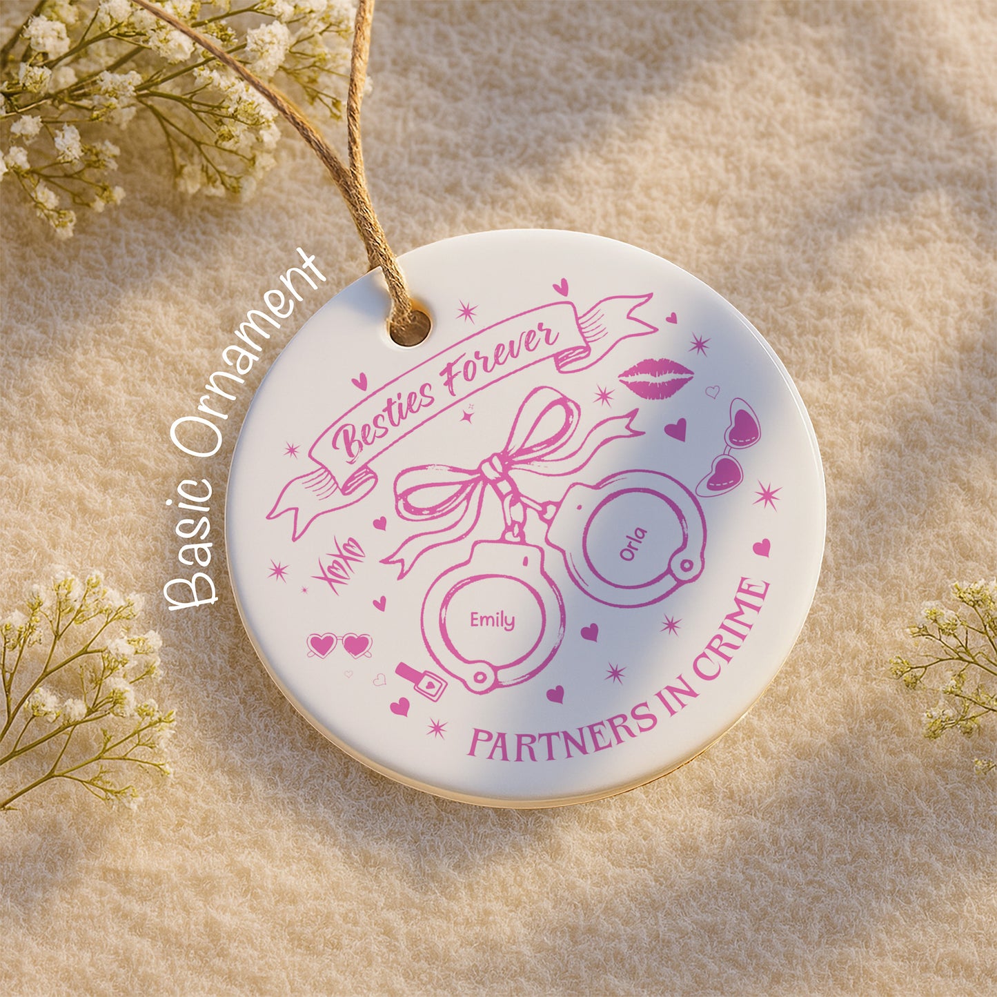 Partners In Crime With Handcuffs And Hearts - Personalized Custom Ceramic Ornament With Round Shape - BST282_RCE