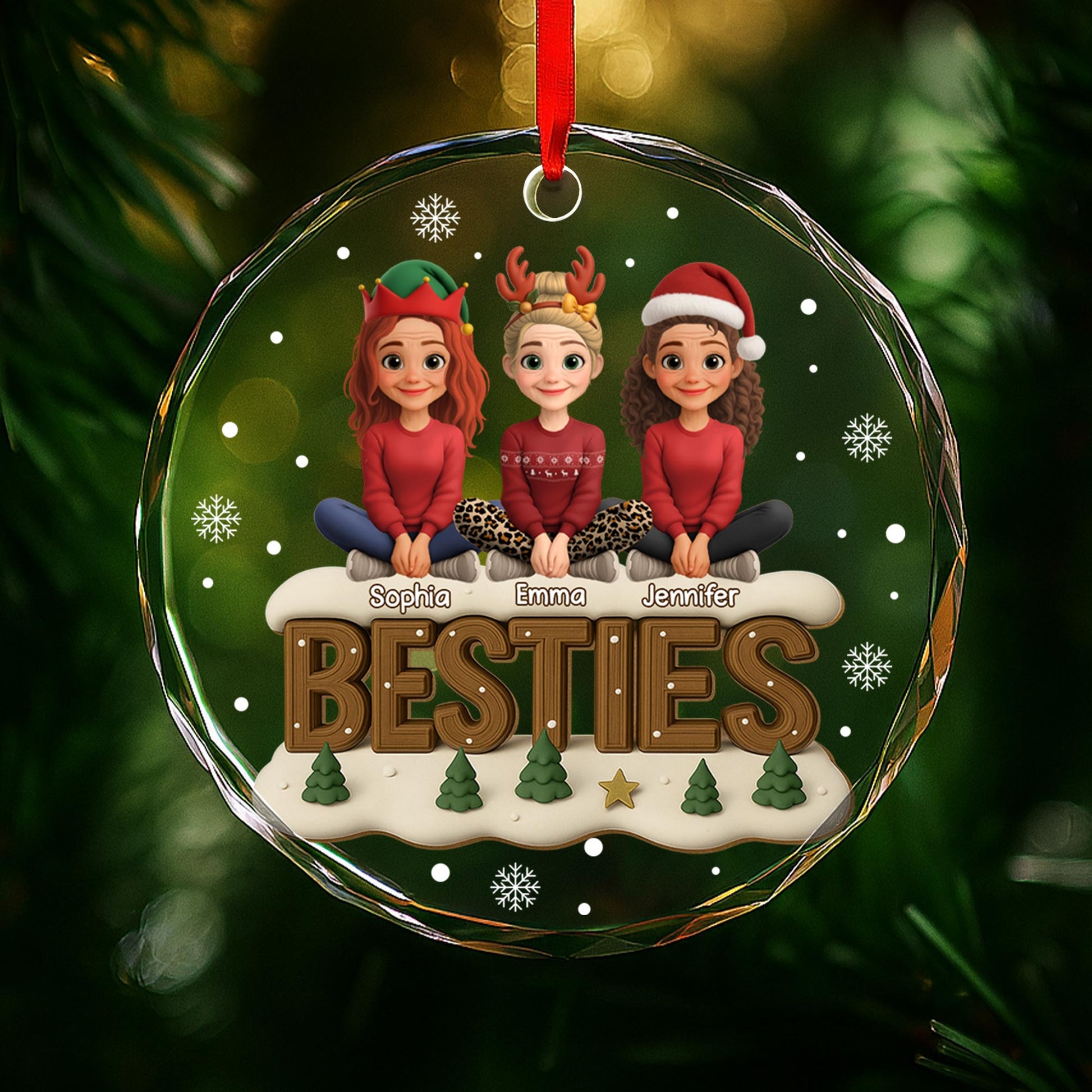 Besties With Christmas Hats and Festive Trees