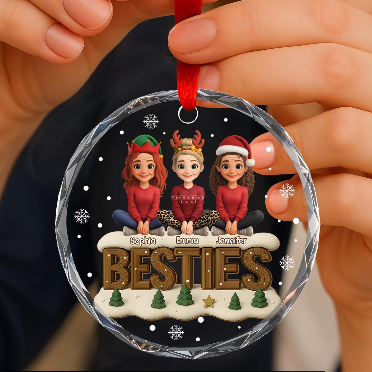 Besties With Christmas Hats and Festive Trees