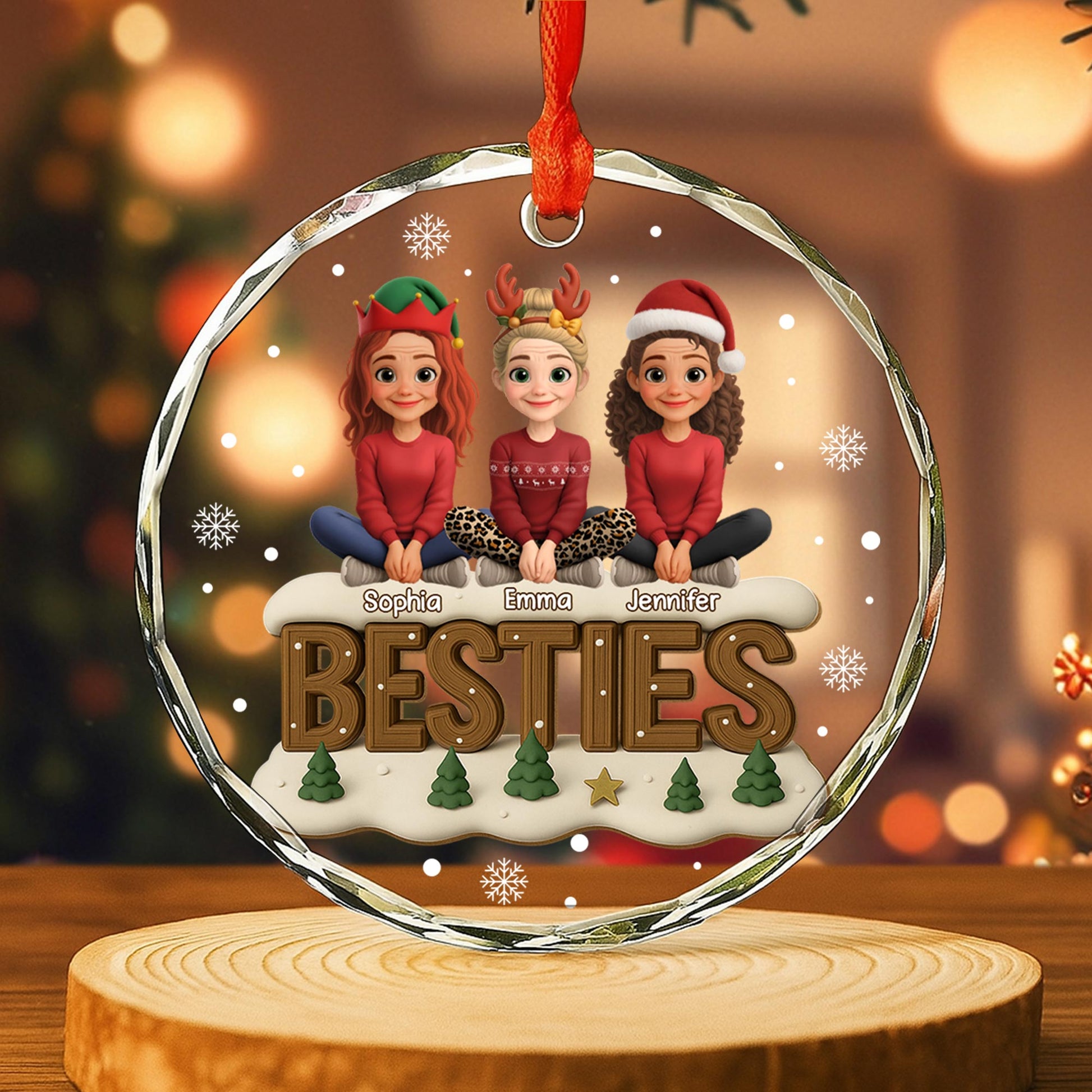 Besties With Christmas Hats and Festive Trees