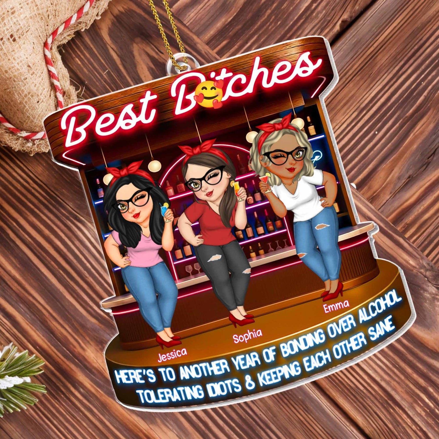 Here's To Another Year, Friends Bonding Over Drinks - Personalized Custom Acrylic Ornament, Christmas Gift - BST439_ACO