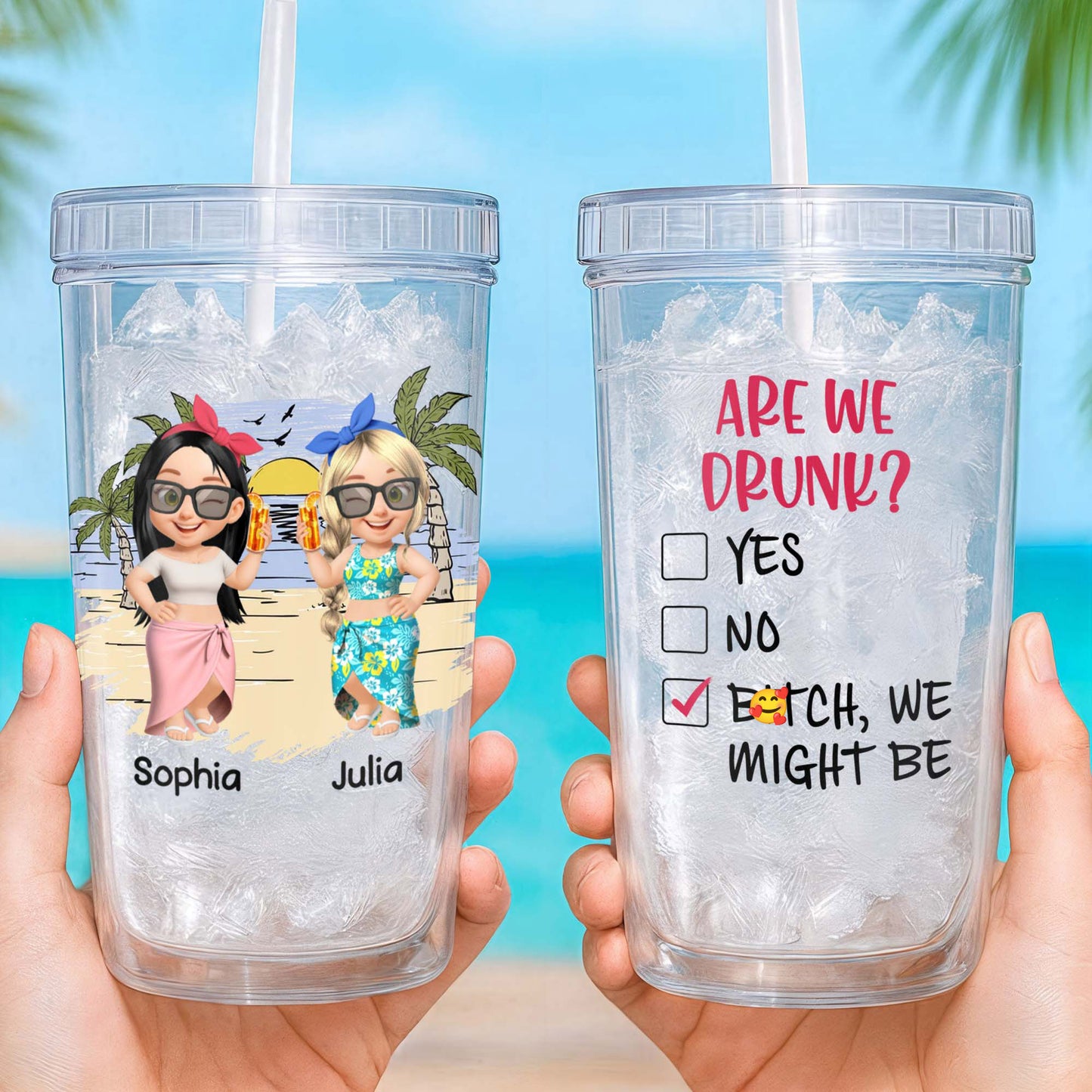 Celebrate Friendship With Beach And Palm Trees - Personalized Custom Plastic Tumbler - BST487_PTUM