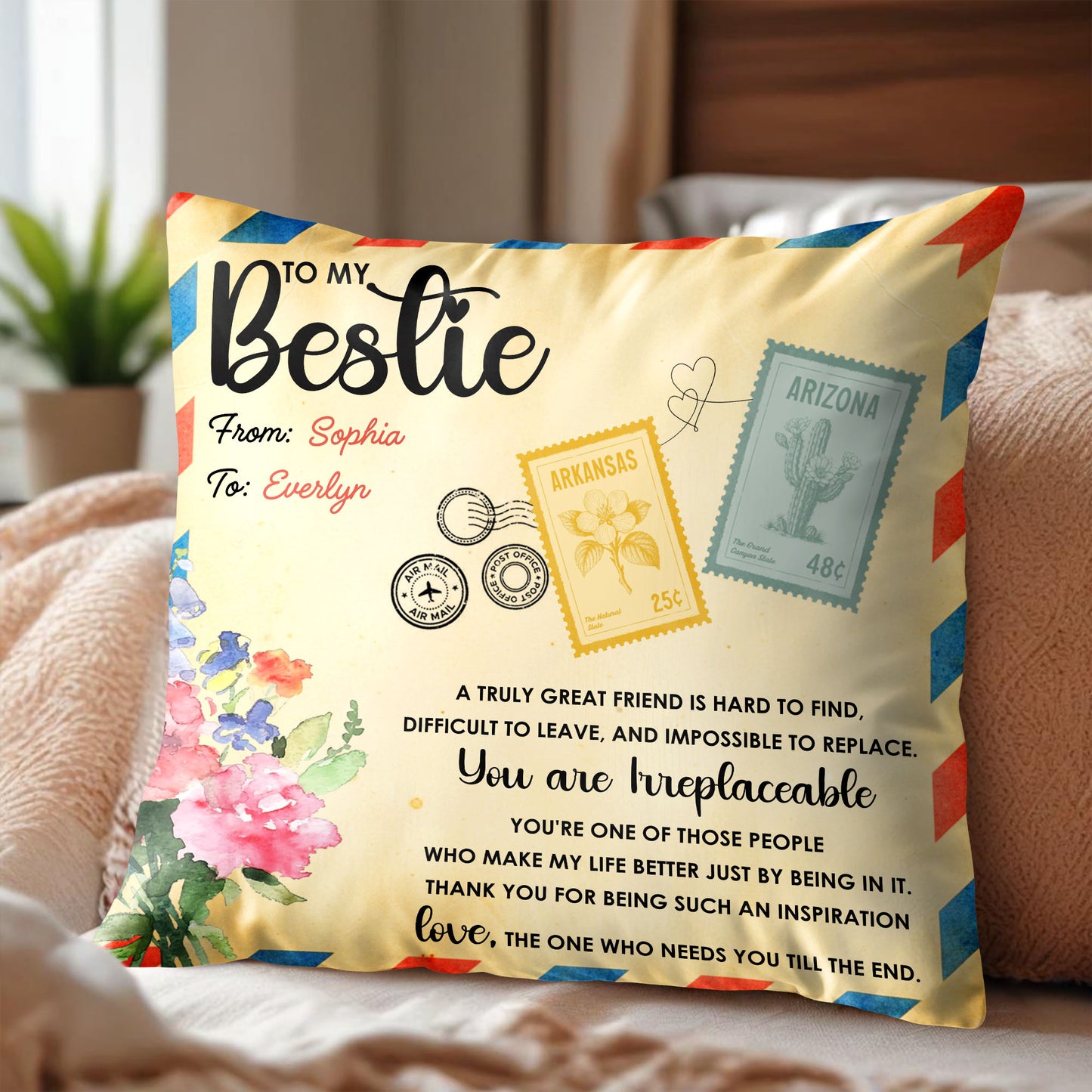 To My Bestie, Postage Stamps And Flowers Design - Personalized Custom Pillow, Insert Included - BST500_PLW