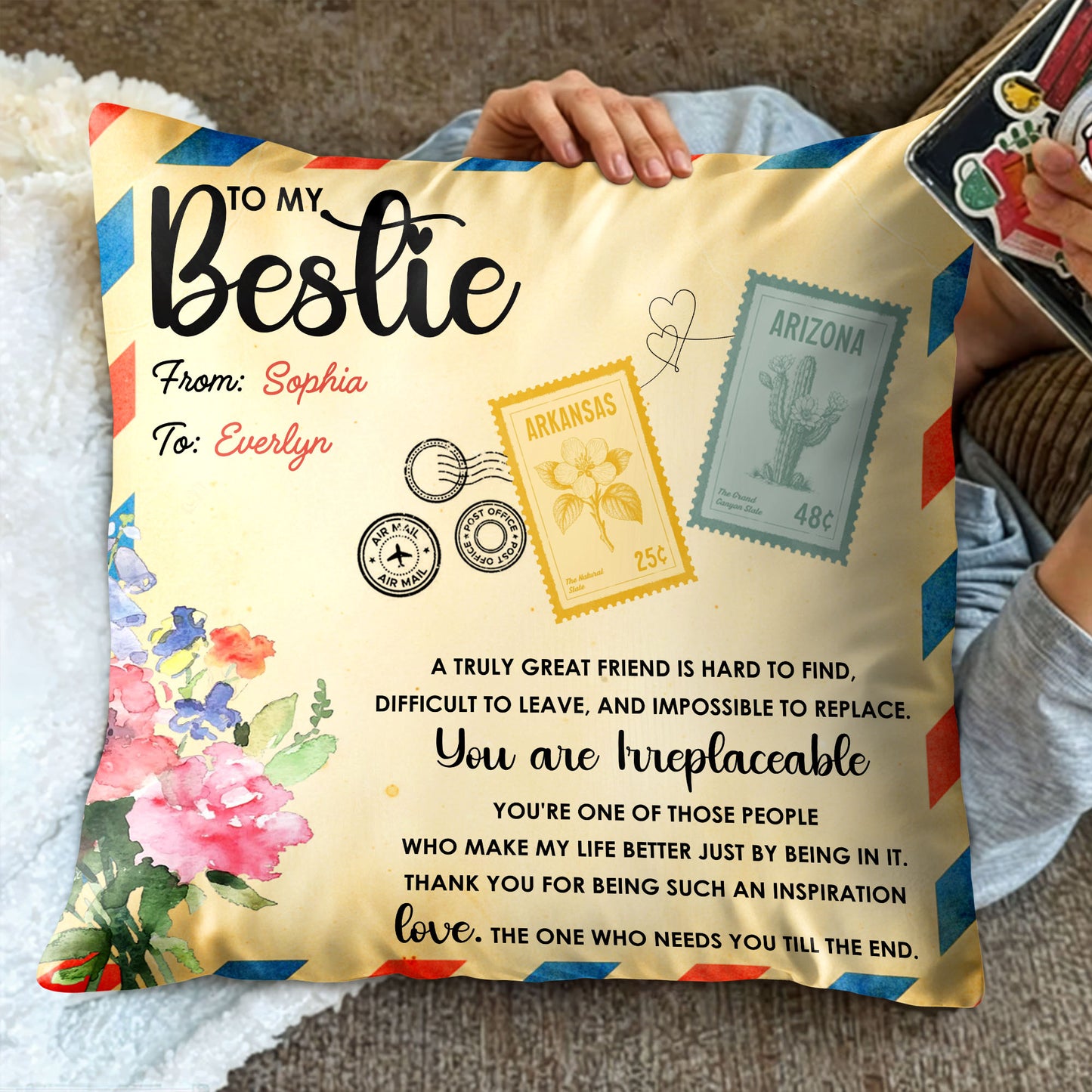 To My Bestie, Postage Stamps And Flowers Design