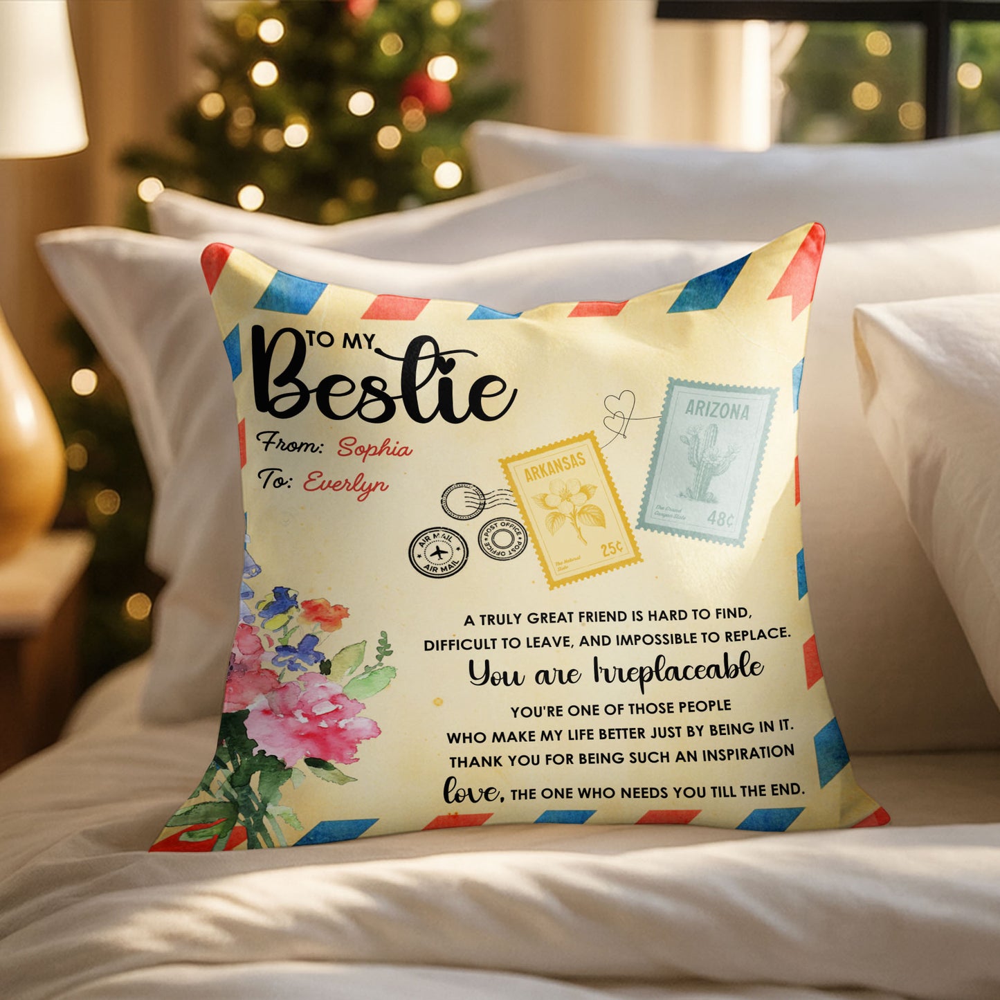 To My Bestie, Postage Stamps And Flowers Design - Personalized Custom Pillow, Insert Included - BST500_PLW