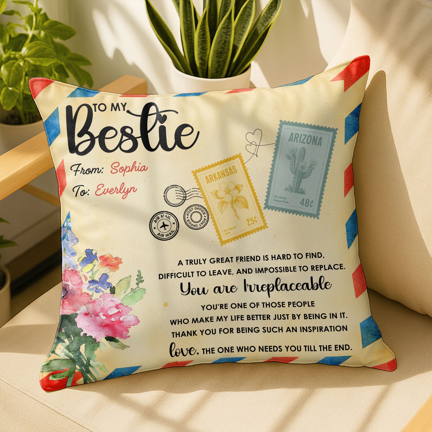 To My Bestie, Postage Stamps And Flowers Design