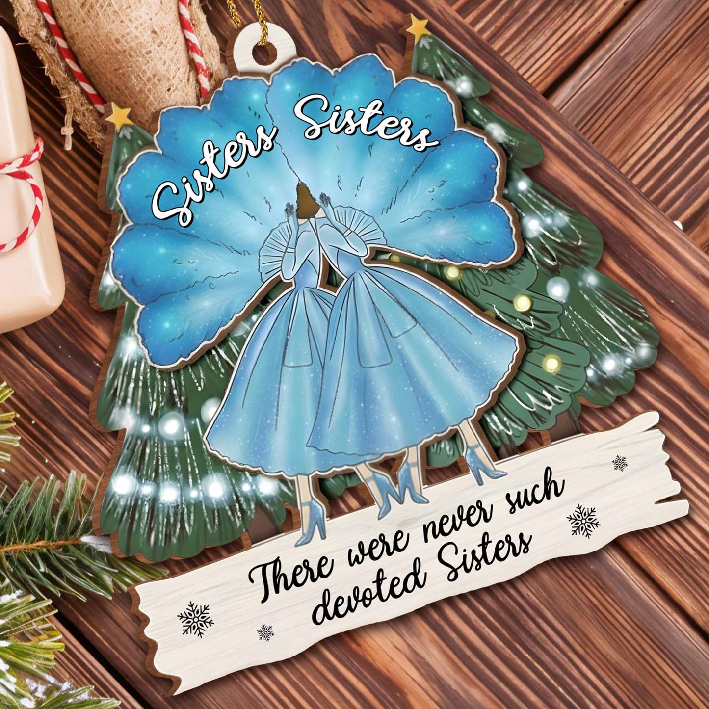 Devoted Sisters With Pine Trees And Snowflakes