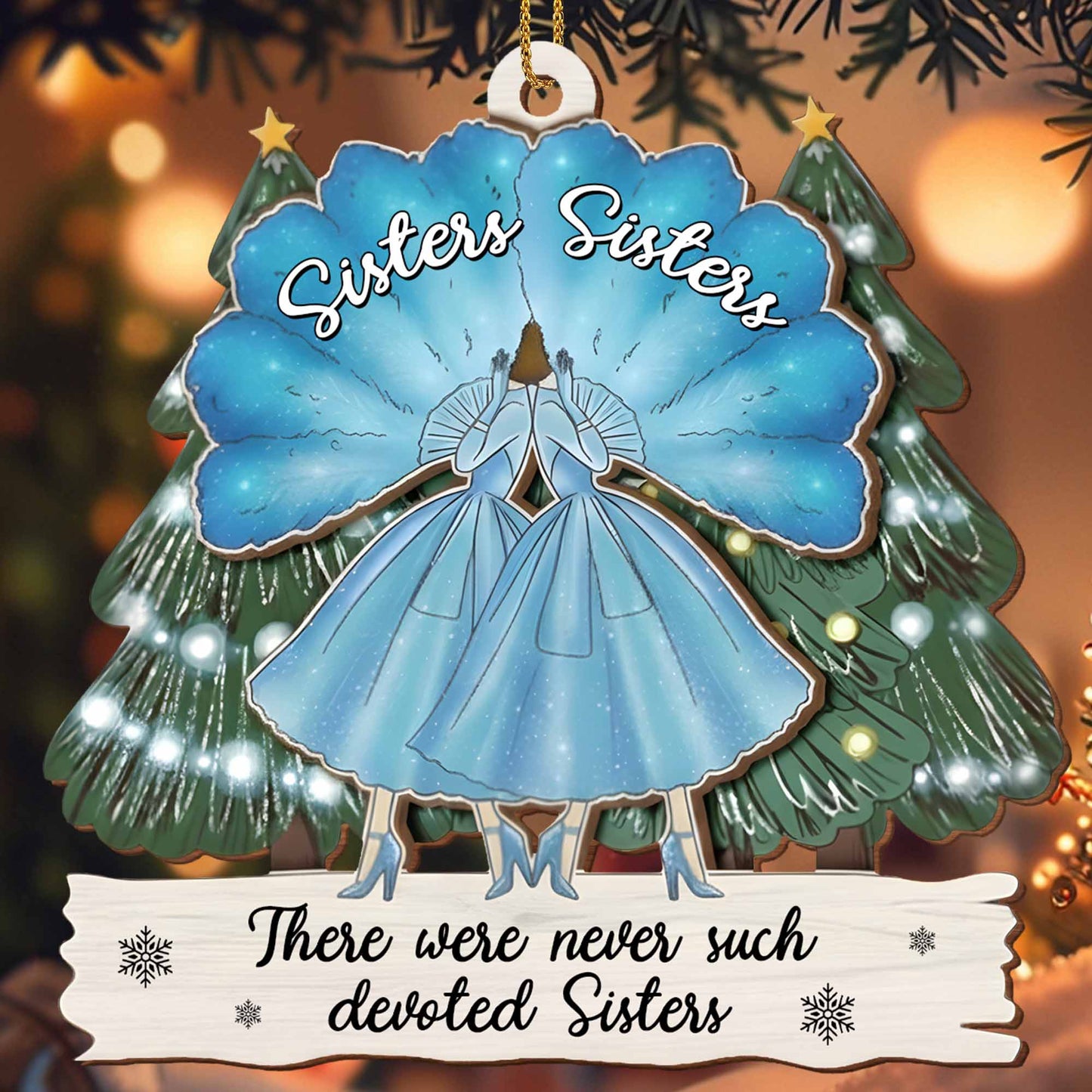 Devoted Sisters With Pine Trees And Snowflakes