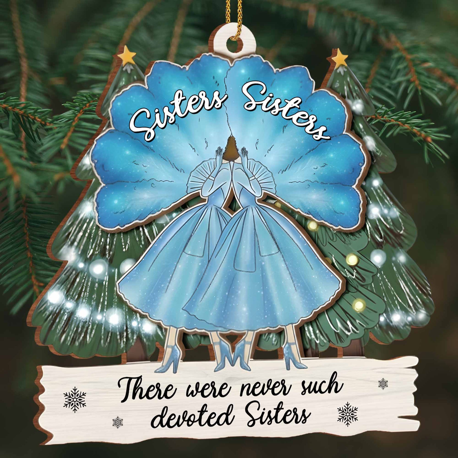 Devoted Sisters With Pine Trees And Snowflakes