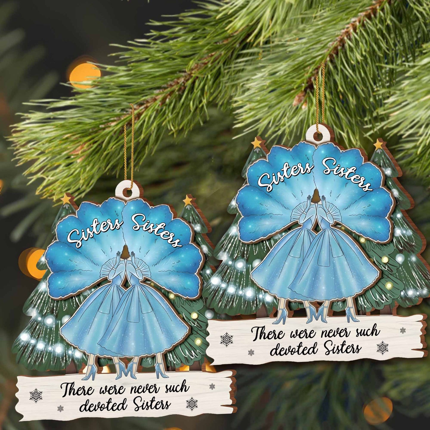 Devoted Sisters With Pine Trees And Snowflakes