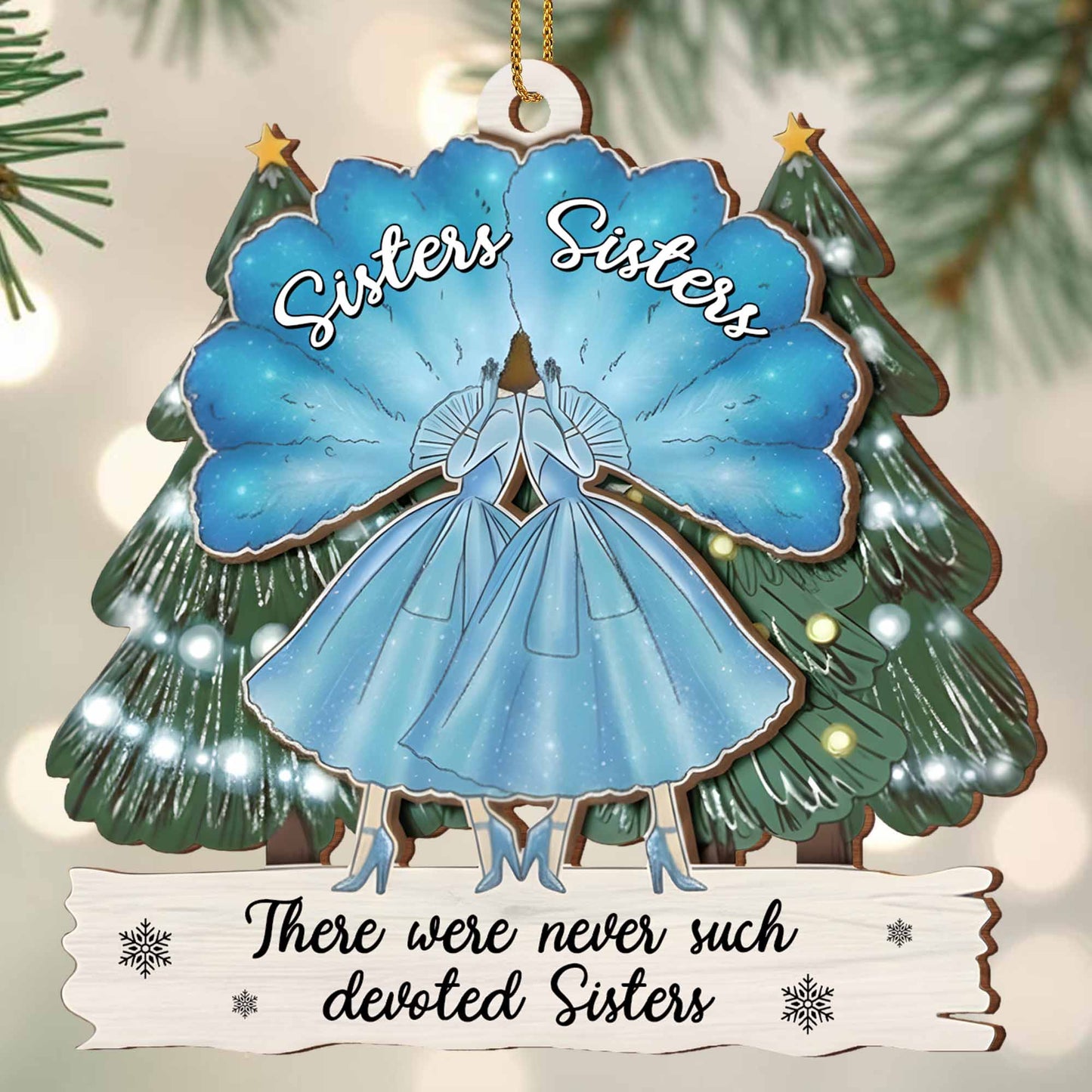 Devoted Sisters With Pine Trees And Snowflakes