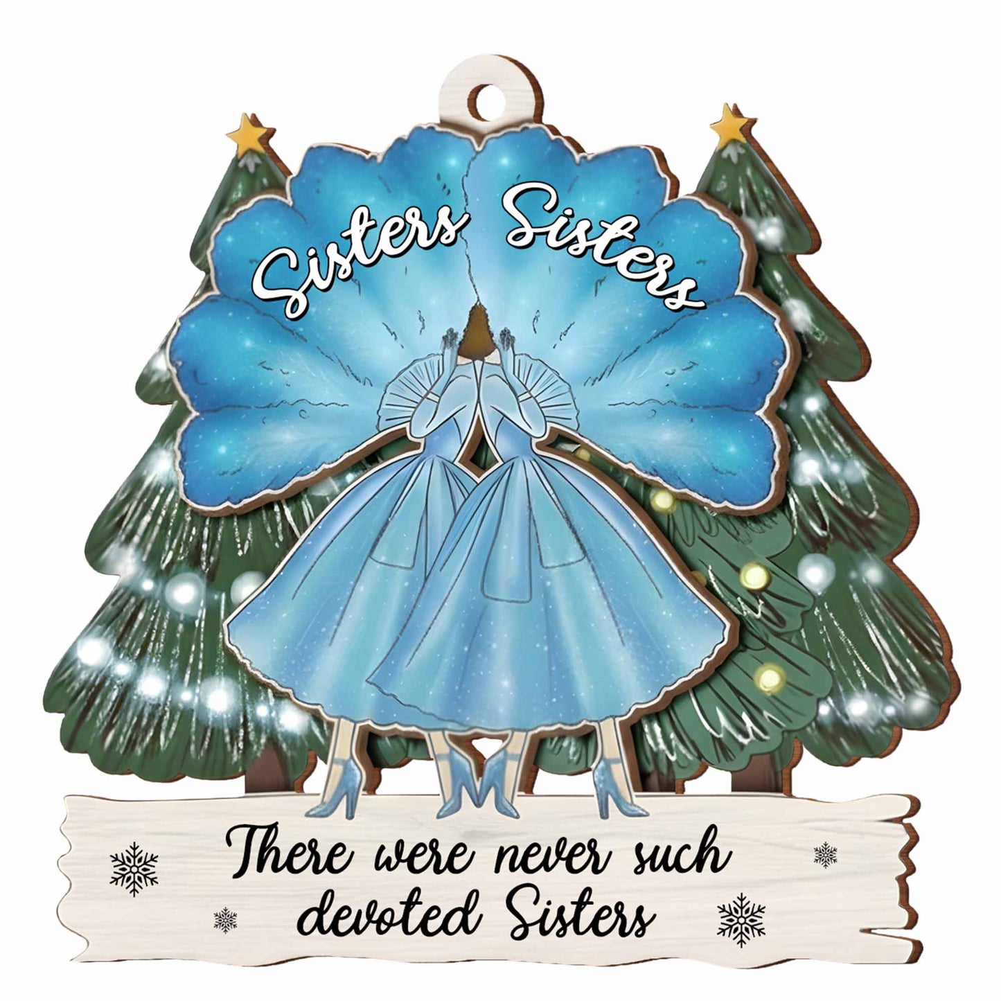 Devoted Sisters With Pine Trees And Snowflakes