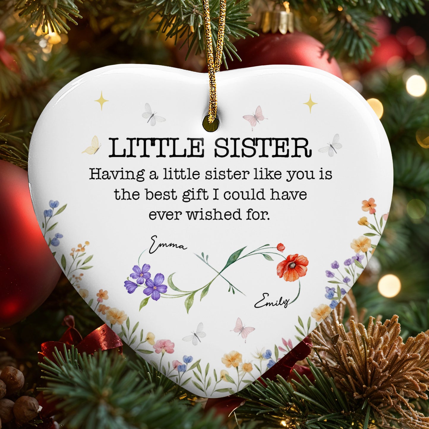 Little Sister, Best Gift Ever, Flowers And Butterflies - Personalized Custom Ceramic Ornament With Heart Shape - BST508_HCE