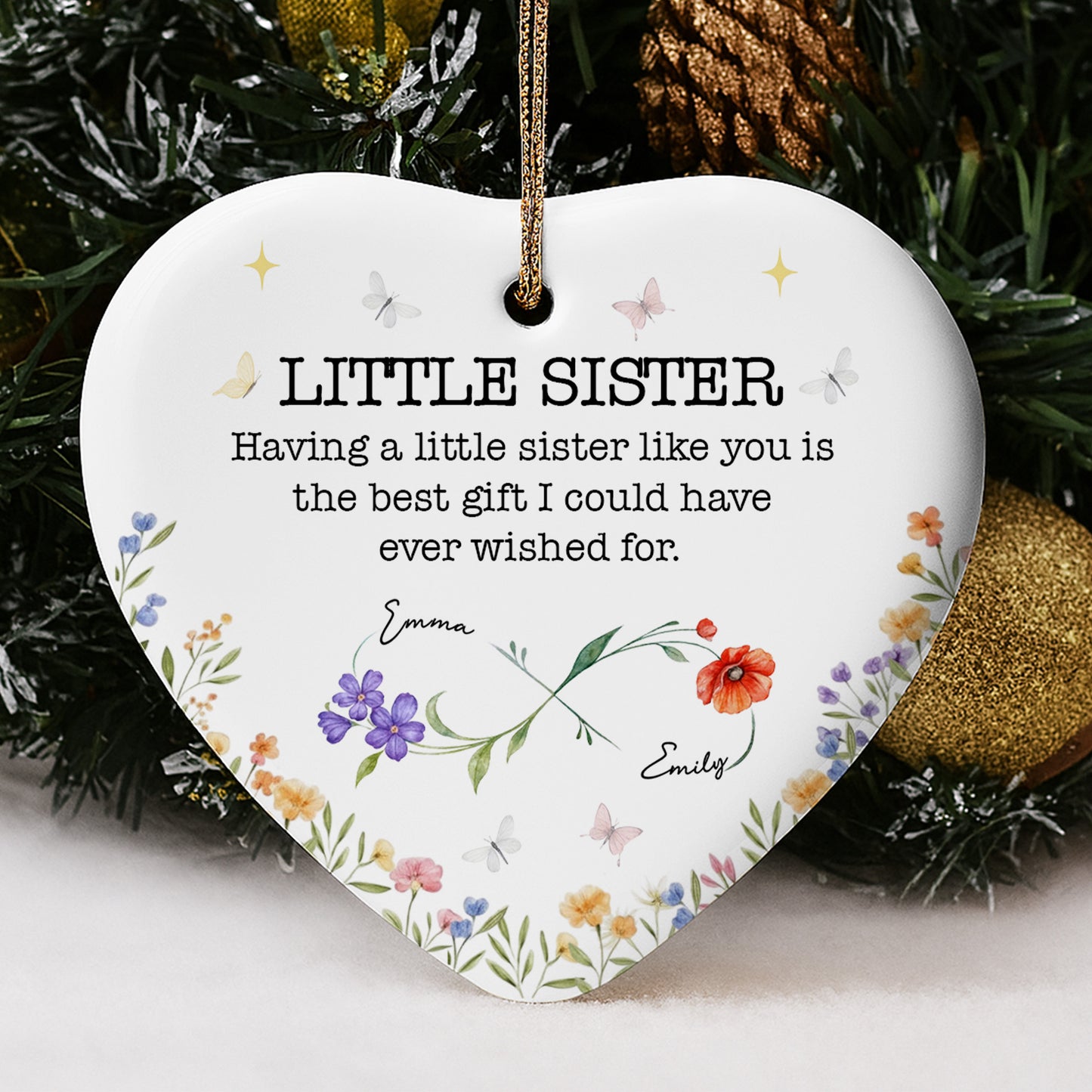 Little Sister, Best Gift Ever, Flowers And Butterflies - Personalized Custom Ceramic Ornament With Heart Shape - BST508_HCE