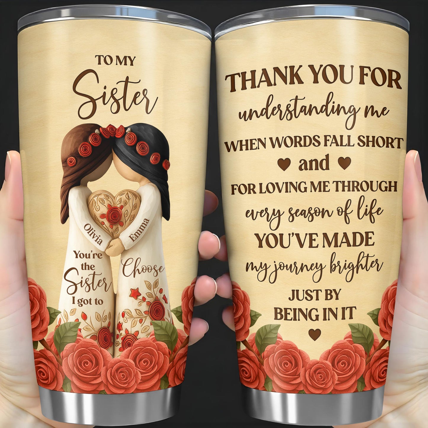 To My Sister, Roses And Hearts Tumbler