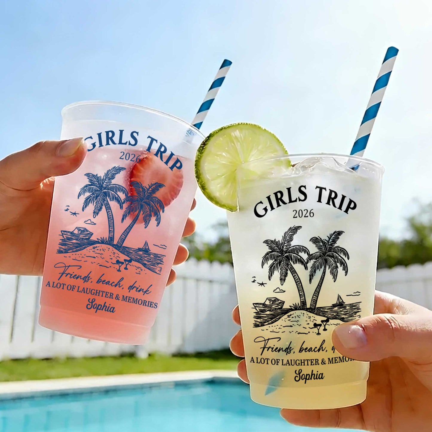 Girls Trip Friends Beach Drink Golden Girls With Palm Trees - Personalized Frosted Cups - BST575_FCUP