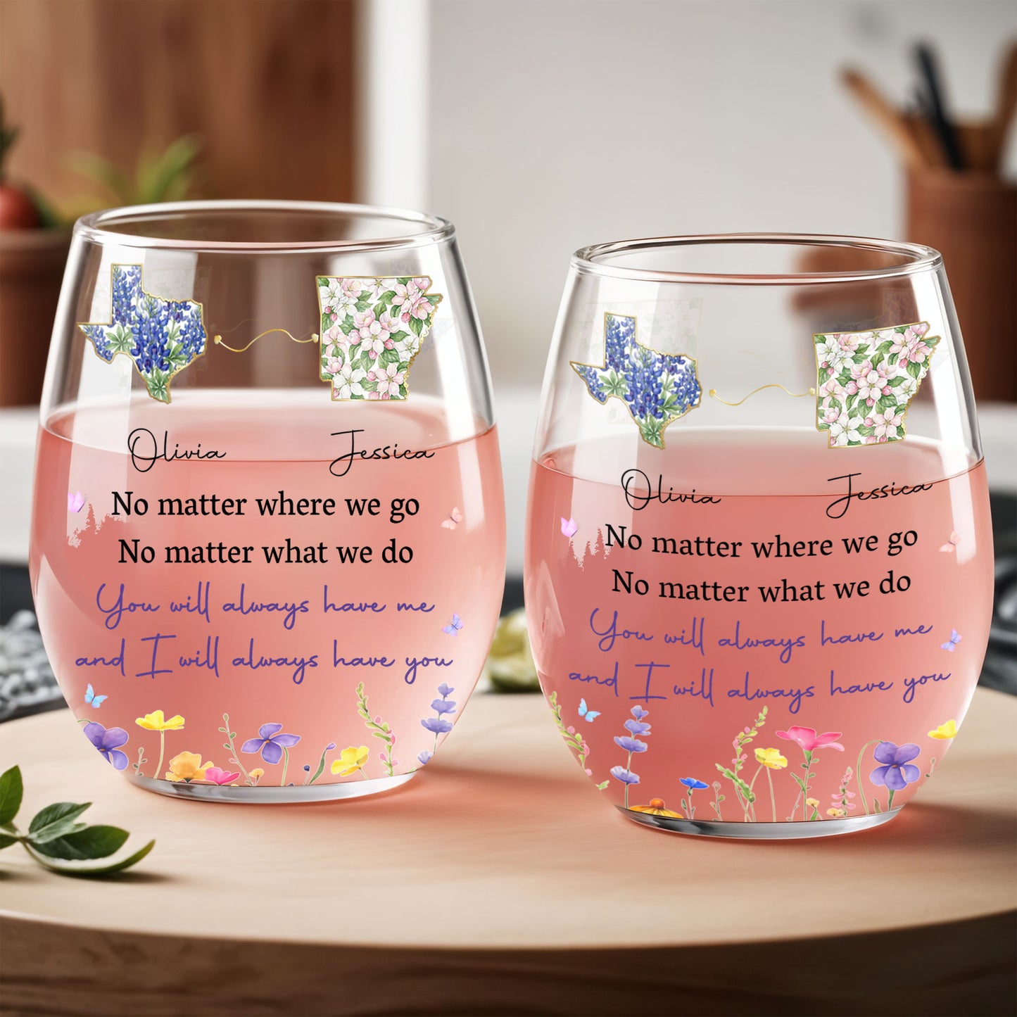 No Matter Where We Go State Outline And Wildflowers - Personalized Stemless Wine Glass - BST680_WIGL