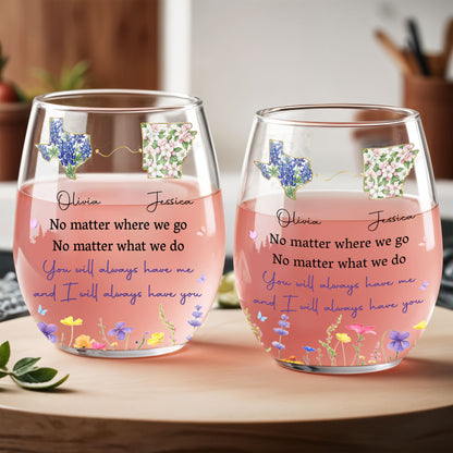 No Matter Where We Go State Outline And Wildflowers - Personalized Stemless Wine Glass - BST680_WIGL