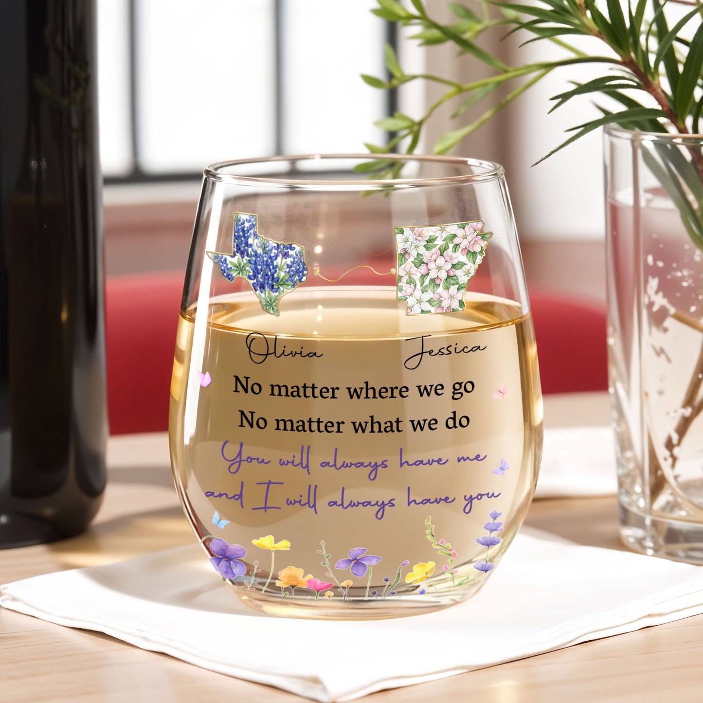 No Matter Where We Go State Outline And Wildflowers - Personalized Stemless Wine Glass - BST680_WIGL